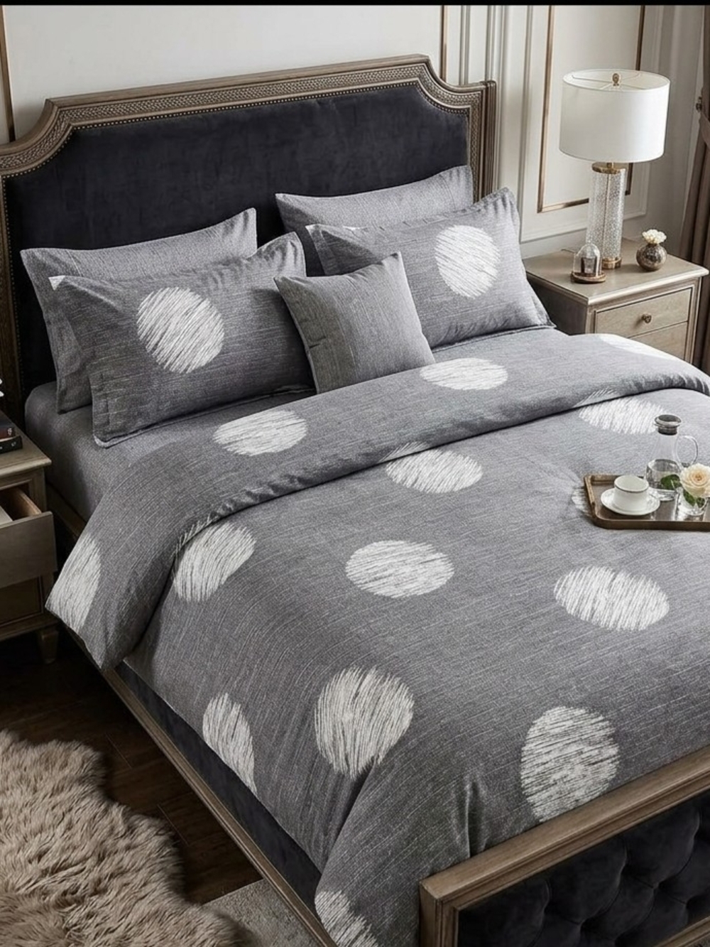 4/6 Double Size Gray Polka Circle Bedsheets Set - Modern Bedding